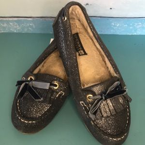 Sperry navy blue leather sparkle moccasin slippers
